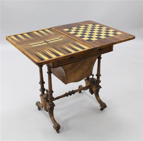 A Victorian walnut games and work table, W.1ft 11in.